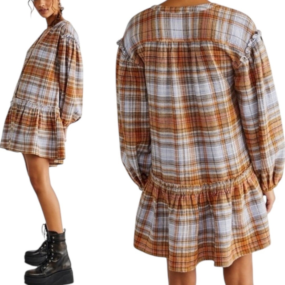 Free People Alexa Plaid Mini Dress Long Sleeve Ruffle‎ Hem Button Front Size XS